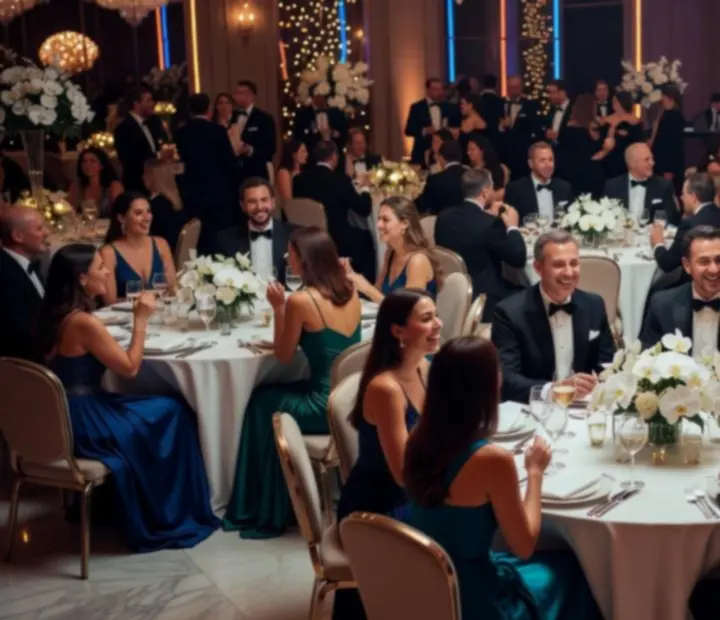 Gala firmowa z elegancką oprawą i mobilnymi stołami do gier towarzyskich
