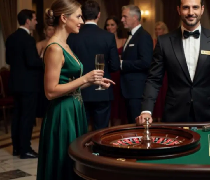 Eleganccy krupierzy prowadzący stół do ruletki podczas wieczoru eventowego