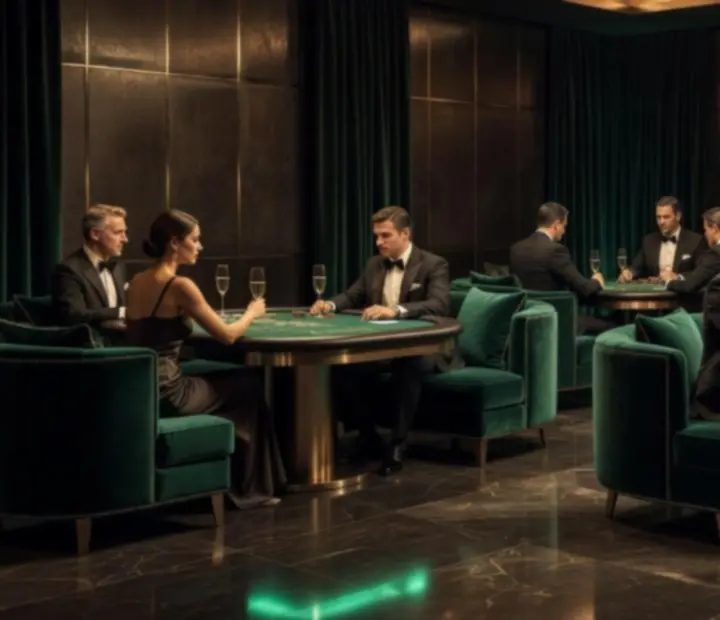 Ekskluzywna strefa lounge VIP z eleganckimi stołami do gier i klubowym oświetleniem