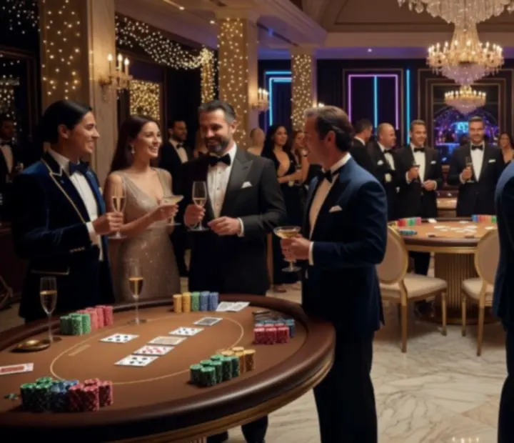 Pokerowy setup na eleganckiej gali z oświetleniem i luksusowymi stołami